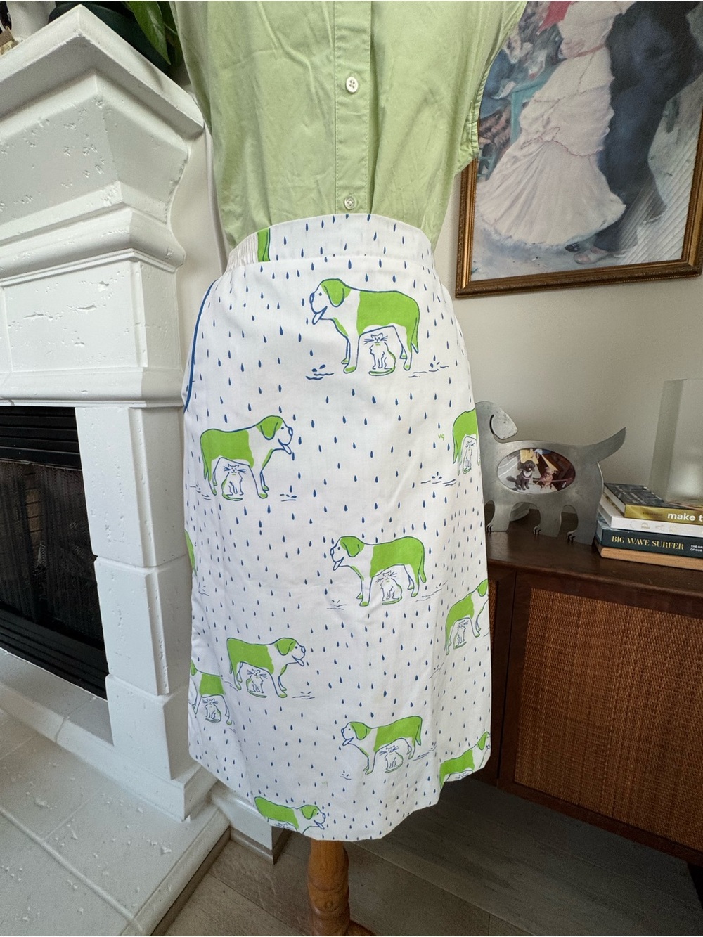 Vintage White Skirt with Lime Green Dog Print